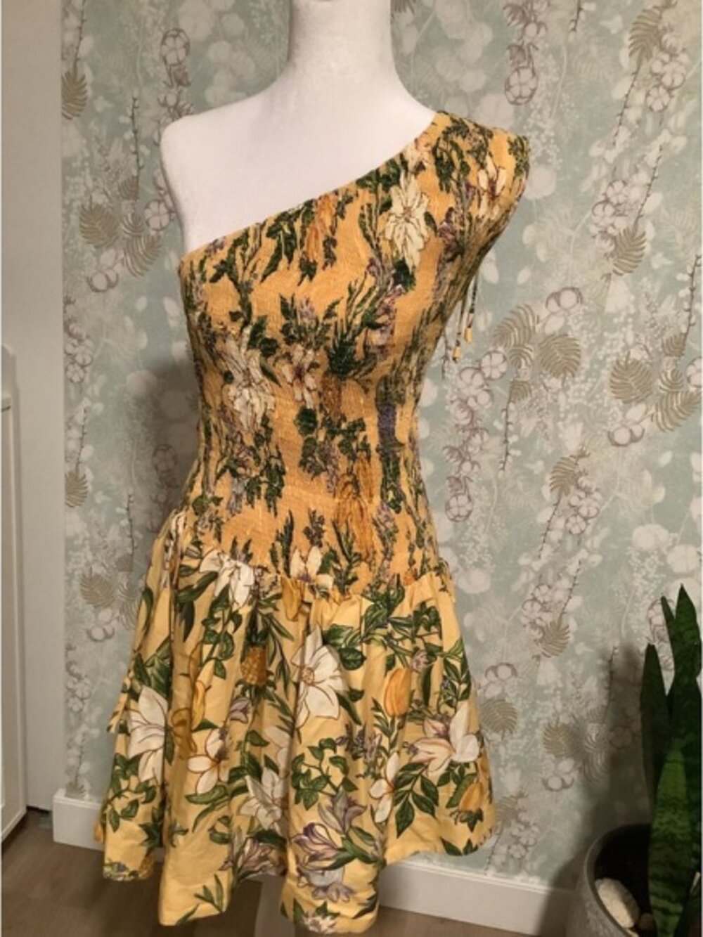 Farm Rio Yellow Tropical Floral Smocked One Shoulder Mini Dress NWT W/ TAGS
